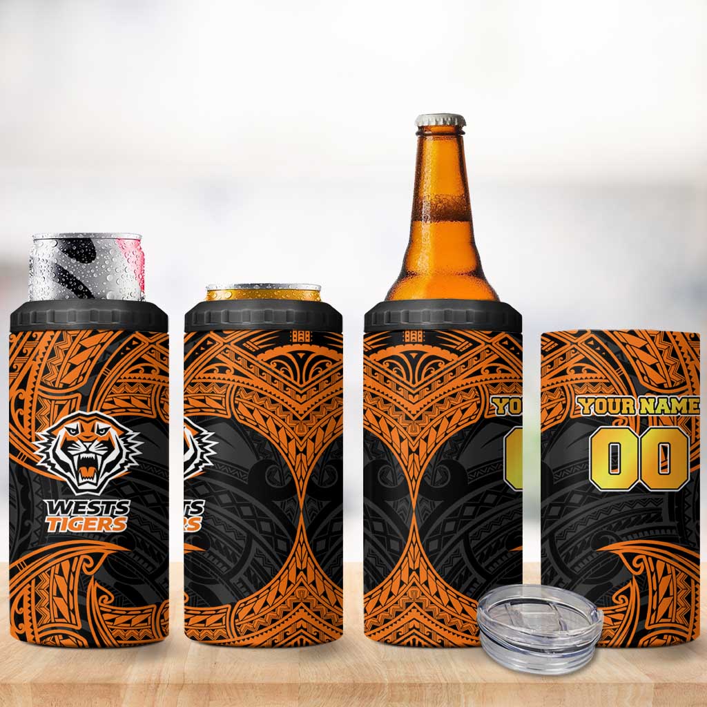 Personalized Wests Tigers 4 in 1 Can Cooler Tumbler Polynesian Tribal Pattern Style