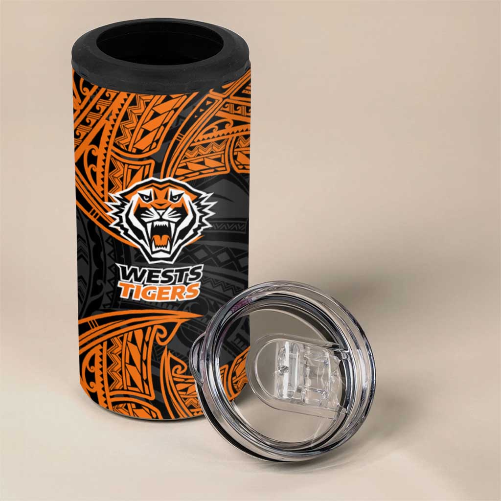 Personalized Wests Tigers 4 in 1 Can Cooler Tumbler Polynesian Tribal Pattern Style