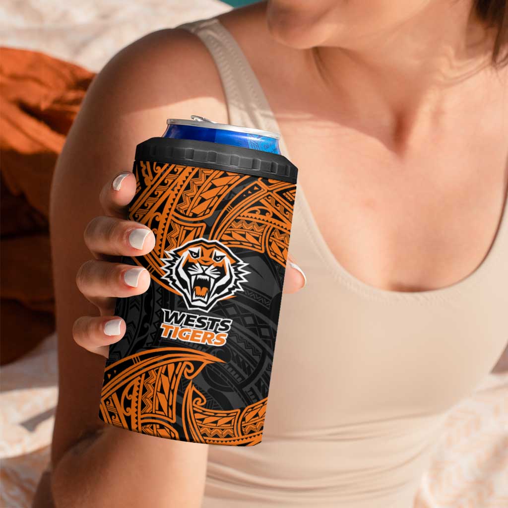 Personalized Wests Tigers 4 in 1 Can Cooler Tumbler Polynesian Tribal Pattern Style