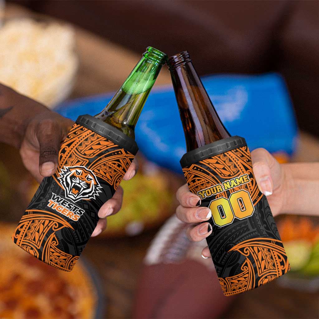 Personalized Wests Tigers 4 in 1 Can Cooler Tumbler Polynesian Tribal Pattern Style