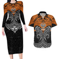 Personalized Wests Tigers Couples Matching Long Sleeve Bodycon Dress and Hawaiian Shirt Polynesian Tribal Pattern Style