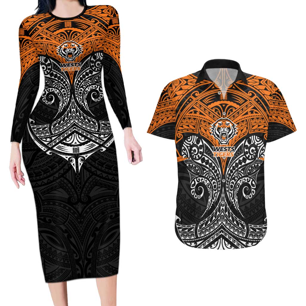 Personalized Wests Tigers Couples Matching Long Sleeve Bodycon Dress and Hawaiian Shirt Polynesian Tribal Pattern Style