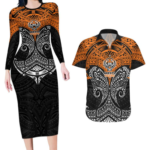 Personalized Wests Tigers Couples Matching Long Sleeve Bodycon Dress and Hawaiian Shirt Polynesian Tribal Pattern Style