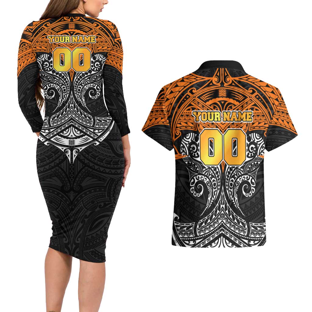 Personalized Wests Tigers Couples Matching Long Sleeve Bodycon Dress and Hawaiian Shirt Polynesian Tribal Pattern Style