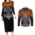 Personalized Wests Tigers Couples Matching Long Sleeve Bodycon Dress and Long Sleeve Button Shirt Polynesian Tribal Pattern Style