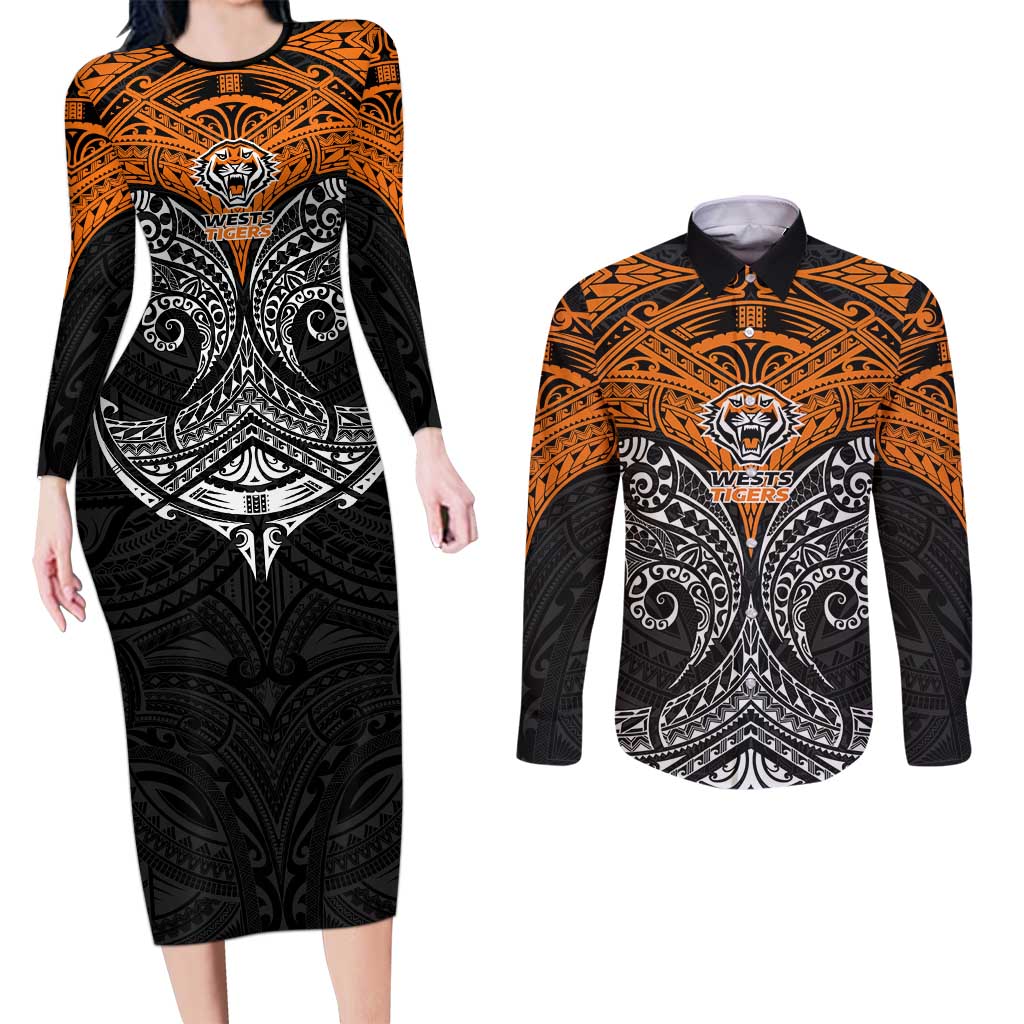 Personalized Wests Tigers Couples Matching Long Sleeve Bodycon Dress and Long Sleeve Button Shirt Polynesian Tribal Pattern Style