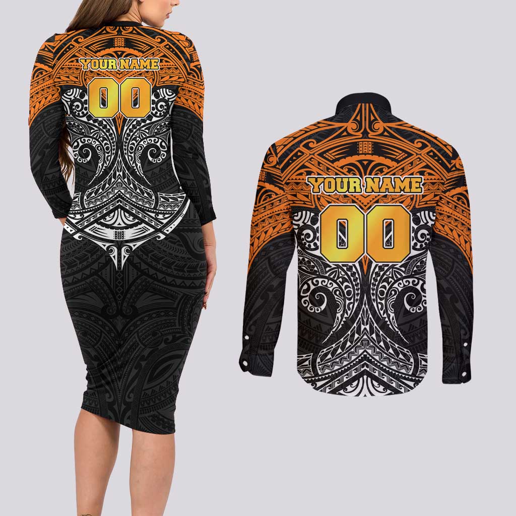 Personalized Wests Tigers Couples Matching Long Sleeve Bodycon Dress and Long Sleeve Button Shirt Polynesian Tribal Pattern Style