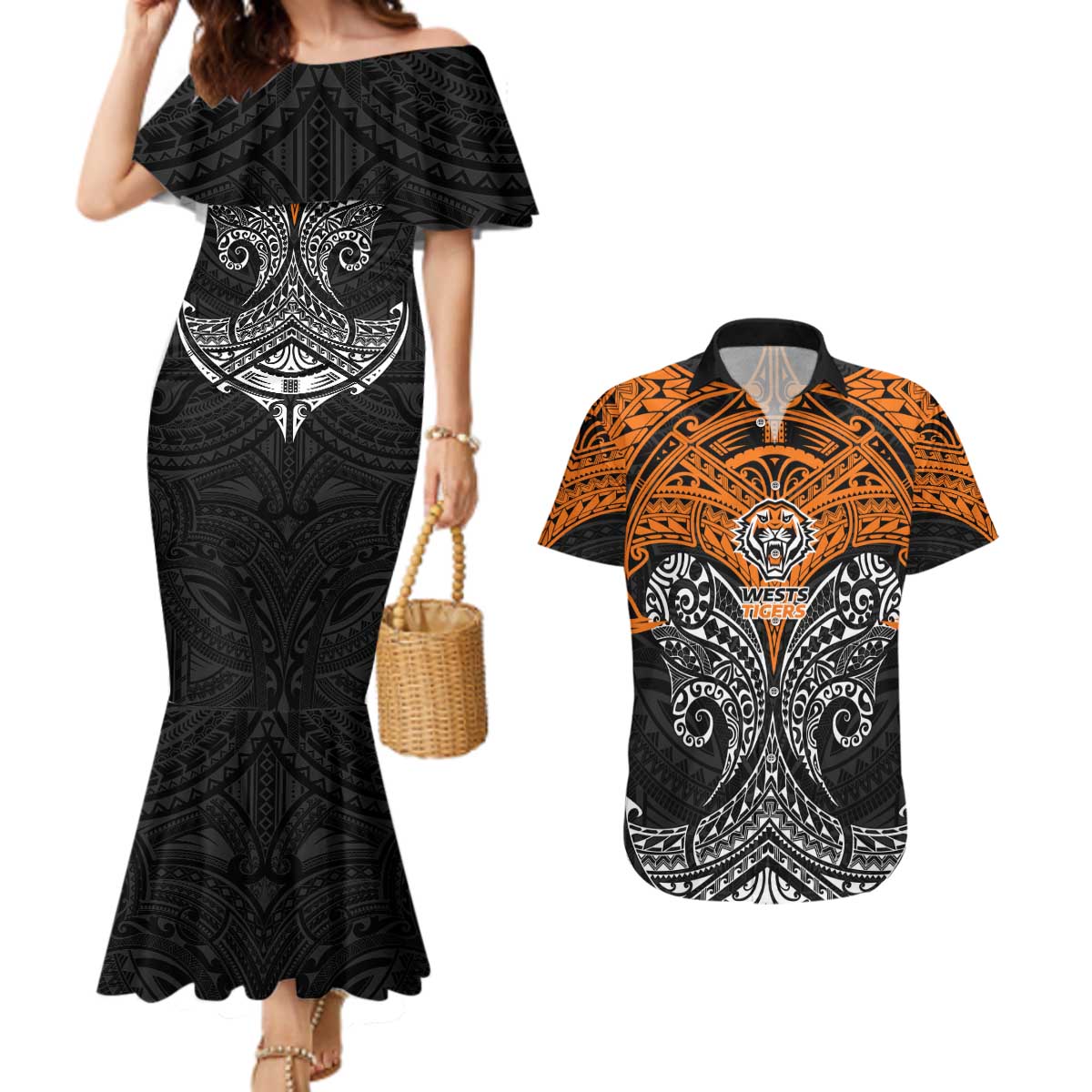 Personalized Wests Tigers Couples Matching Mermaid Dress and Hawaiian Shirt Polynesian Tribal Pattern Style