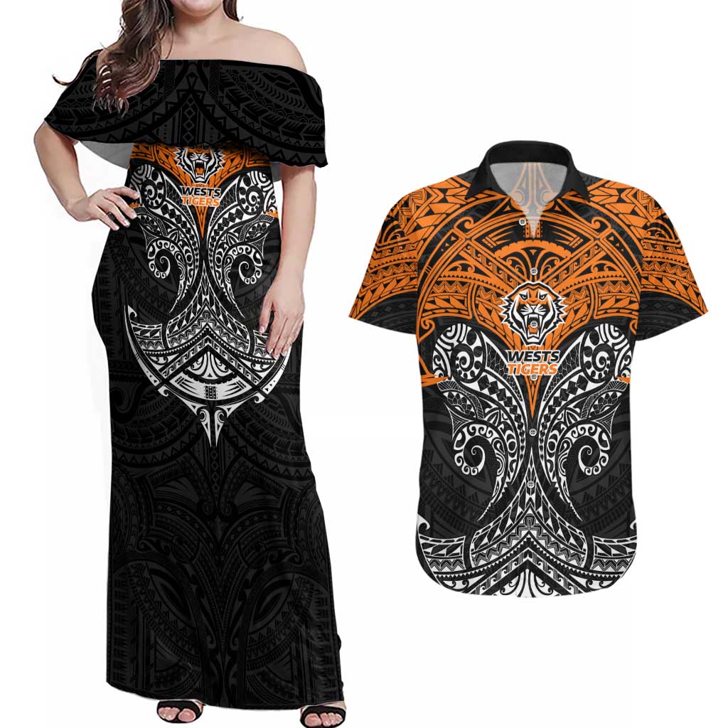 Personalized Wests Tigers Couples Matching Off Shoulder Maxi Dress and Hawaiian Shirt Polynesian Tribal Pattern Style