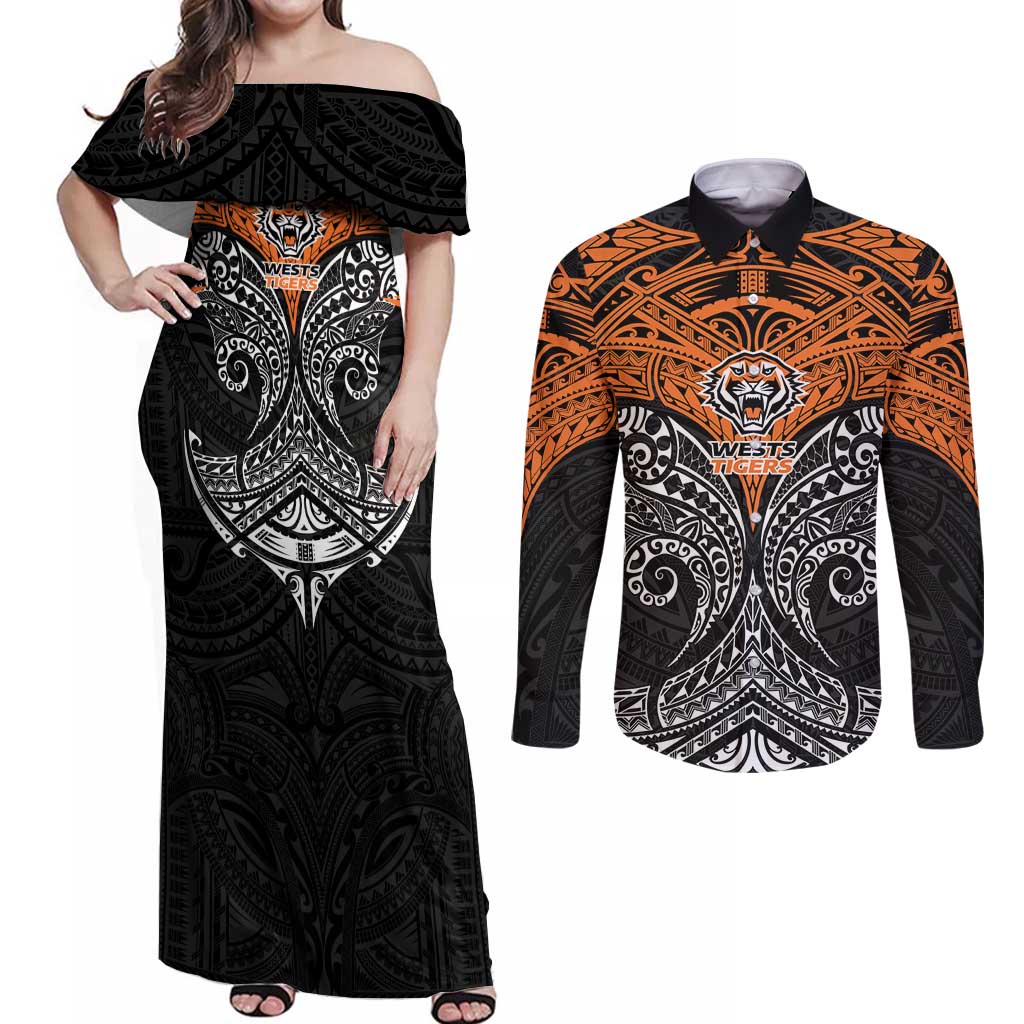 Personalized Wests Tigers Couples Matching Off Shoulder Maxi Dress and Long Sleeve Button Shirt Polynesian Tribal Pattern Style