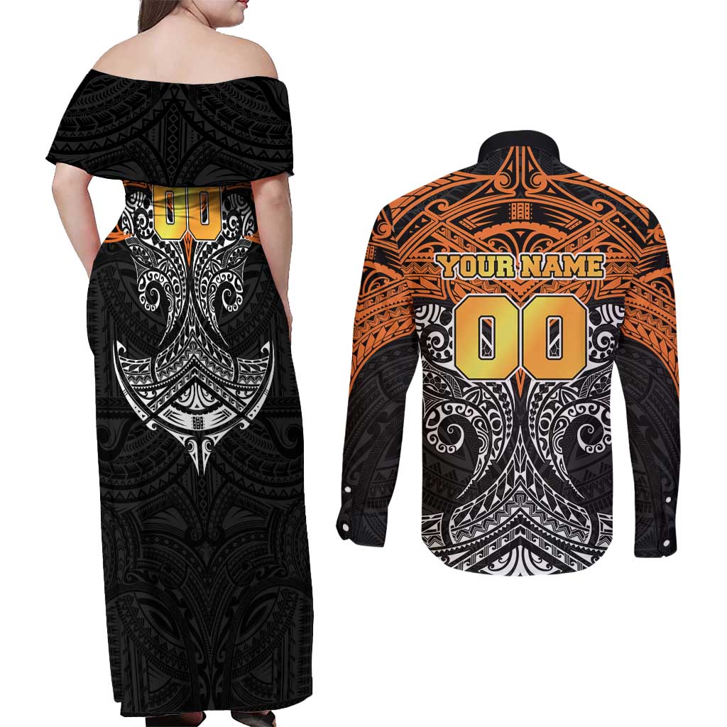 Personalized Wests Tigers Couples Matching Off Shoulder Maxi Dress and Long Sleeve Button Shirt Polynesian Tribal Pattern Style
