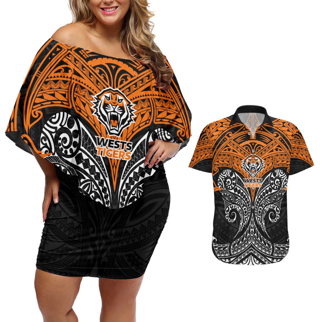 Personalized Wests Tigers Couples Matching Off Shoulder Short Dress and Hawaiian Shirt Polynesian Tribal Pattern Style