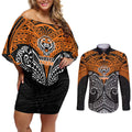 Personalized Wests Tigers Couples Matching Off Shoulder Short Dress and Long Sleeve Button Shirt Polynesian Tribal Pattern Style