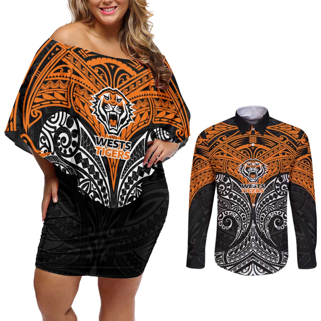 Personalized Wests Tigers Couples Matching Off Shoulder Short Dress and Long Sleeve Button Shirt Polynesian Tribal Pattern Style