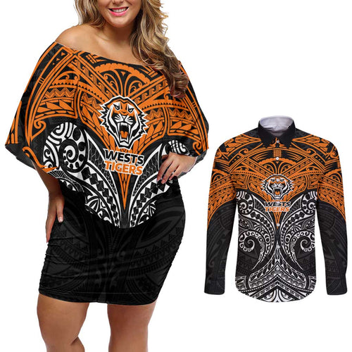 Personalized Wests Tigers Couples Matching Off Shoulder Short Dress and Long Sleeve Button Shirt Polynesian Tribal Pattern Style