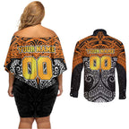 Personalized Wests Tigers Couples Matching Off Shoulder Short Dress and Long Sleeve Button Shirt Polynesian Tribal Pattern Style