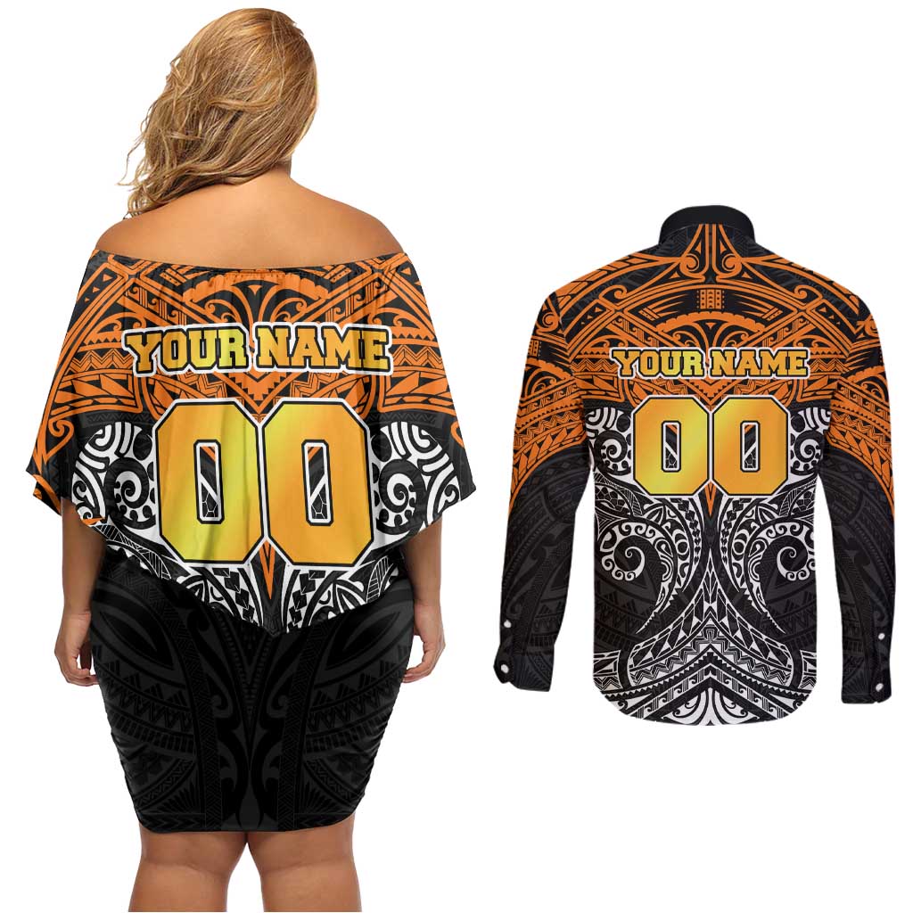 Personalized Wests Tigers Couples Matching Off Shoulder Short Dress and Long Sleeve Button Shirt Polynesian Tribal Pattern Style