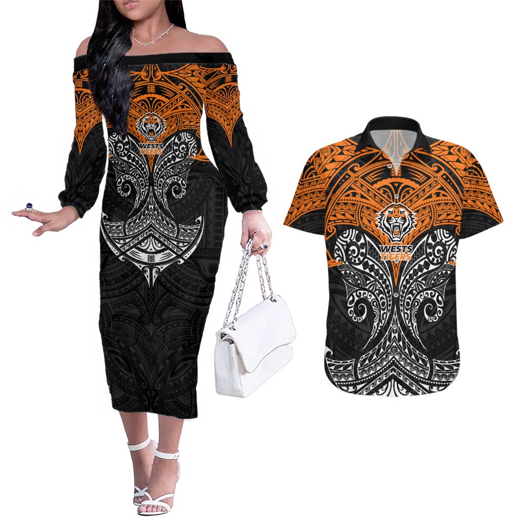 Personalized Wests Tigers Couples Matching Off The Shoulder Long Sleeve Dress and Hawaiian Shirt Polynesian Tribal Pattern Style