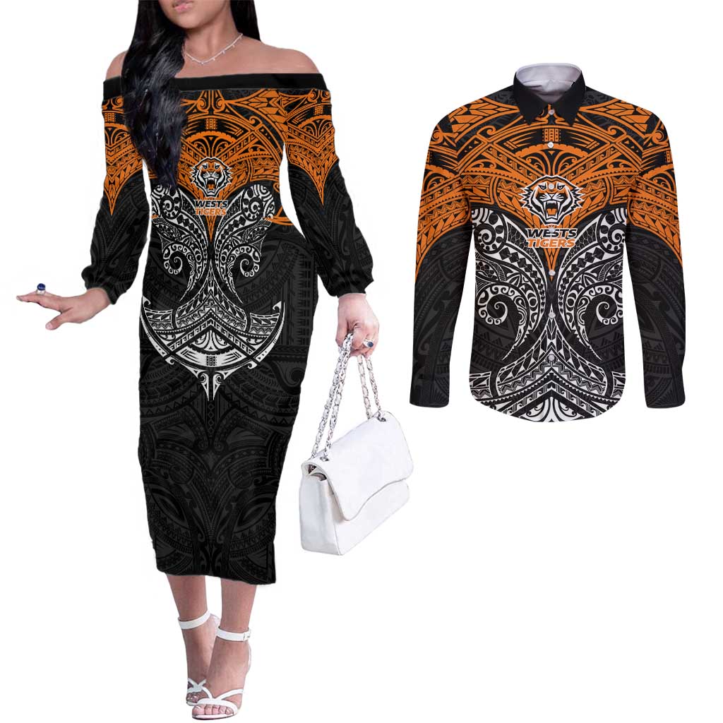 Personalized Wests Tigers Couples Matching Off The Shoulder Long Sleeve Dress and Long Sleeve Button Shirt Polynesian Tribal Pattern Style