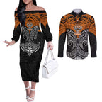 Personalized Wests Tigers Couples Matching Off The Shoulder Long Sleeve Dress and Long Sleeve Button Shirt Polynesian Tribal Pattern Style