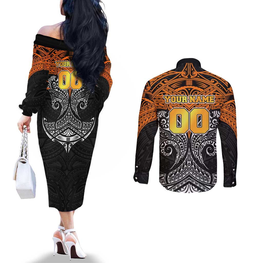 Personalized Wests Tigers Couples Matching Off The Shoulder Long Sleeve Dress and Long Sleeve Button Shirt Polynesian Tribal Pattern Style