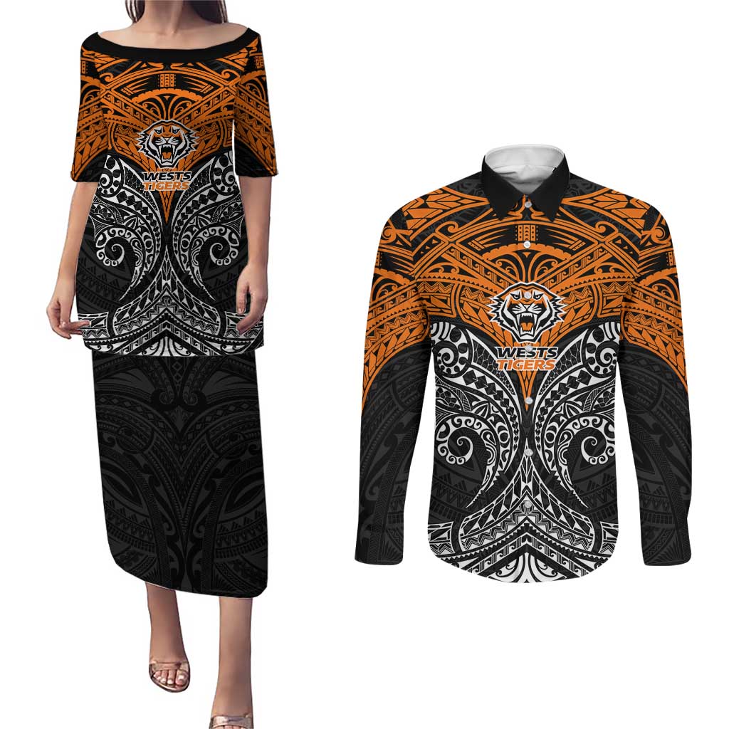 Personalized Wests Tigers Couples Matching Puletasi and Long Sleeve Button Shirt Polynesian Tribal Pattern Style