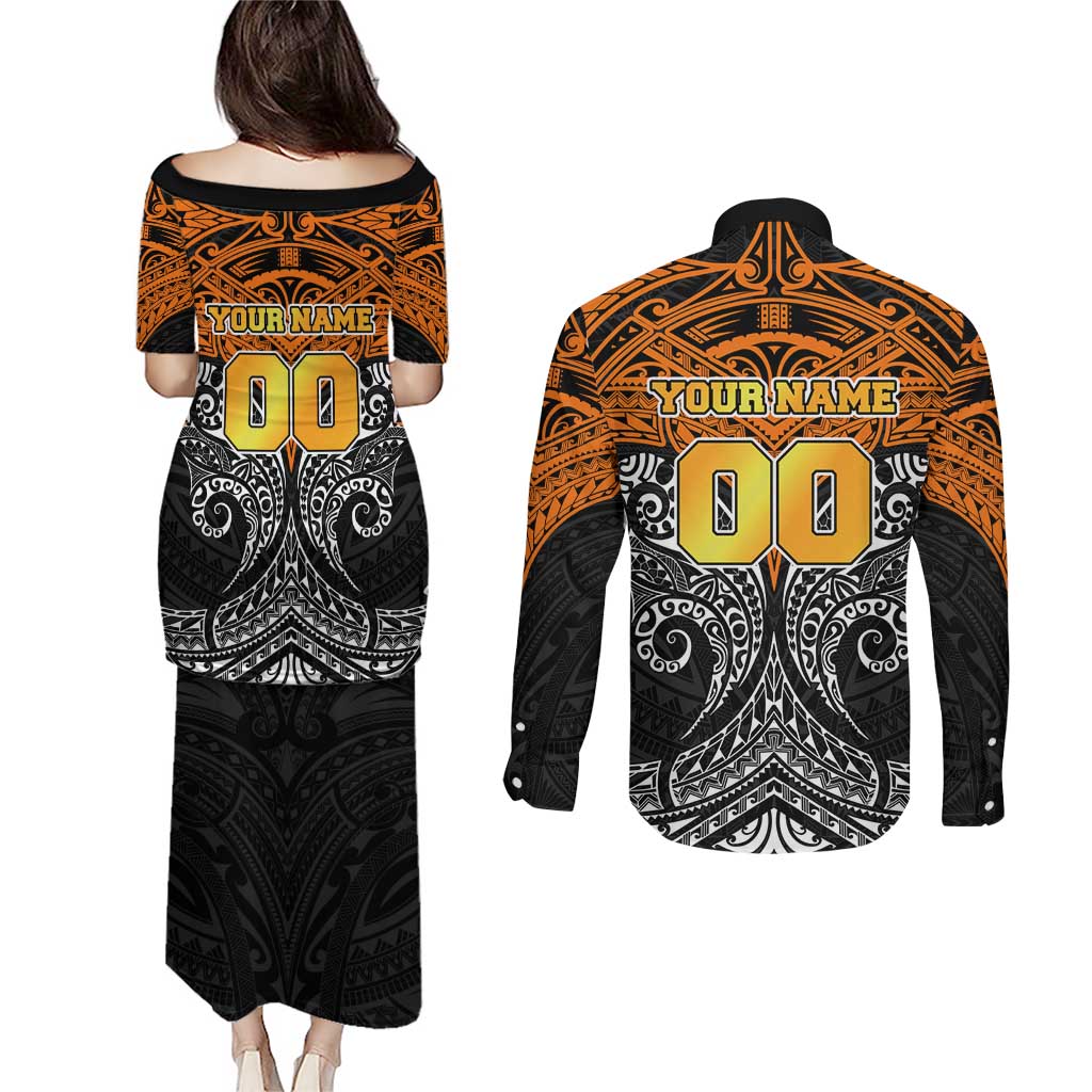 Personalized Wests Tigers Couples Matching Puletasi and Long Sleeve Button Shirt Polynesian Tribal Pattern Style