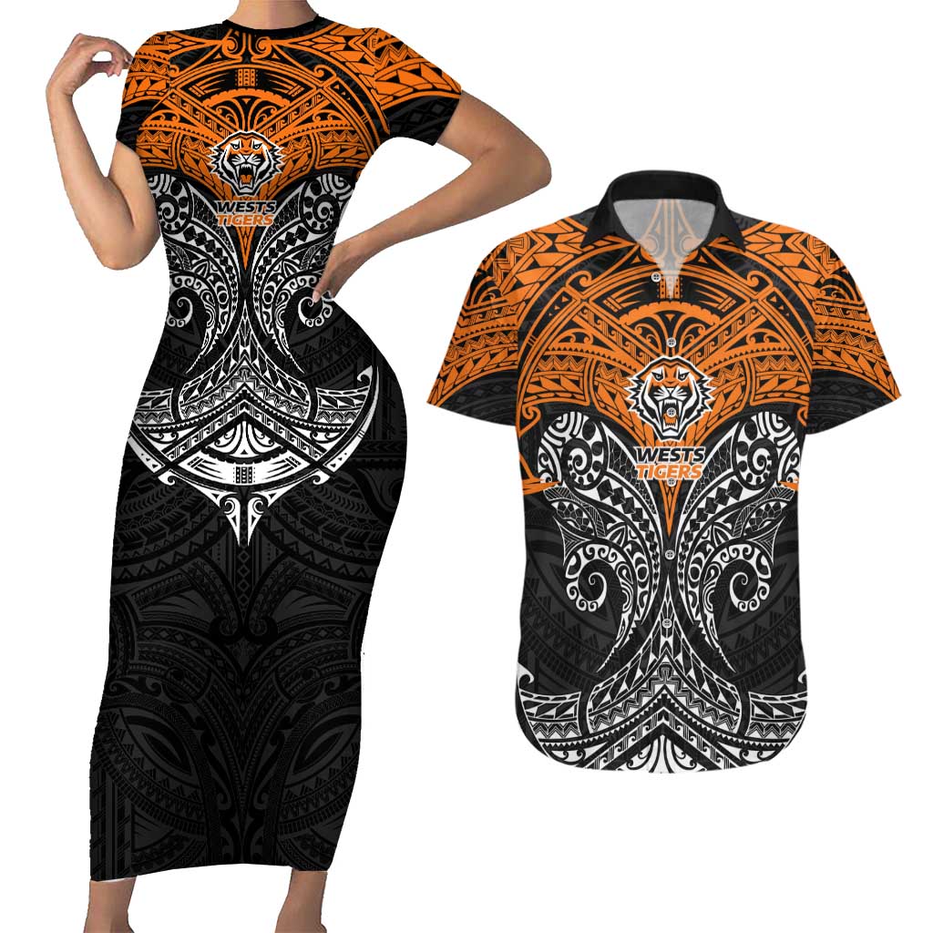 Personalized Wests Tigers Couples Matching Short Sleeve Bodycon Dress and Hawaiian Shirt Polynesian Tribal Pattern Style