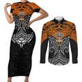 Personalized Wests Tigers Couples Matching Short Sleeve Bodycon Dress and Long Sleeve Button Shirt Polynesian Tribal Pattern Style