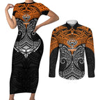 Personalized Wests Tigers Couples Matching Short Sleeve Bodycon Dress and Long Sleeve Button Shirt Polynesian Tribal Pattern Style
