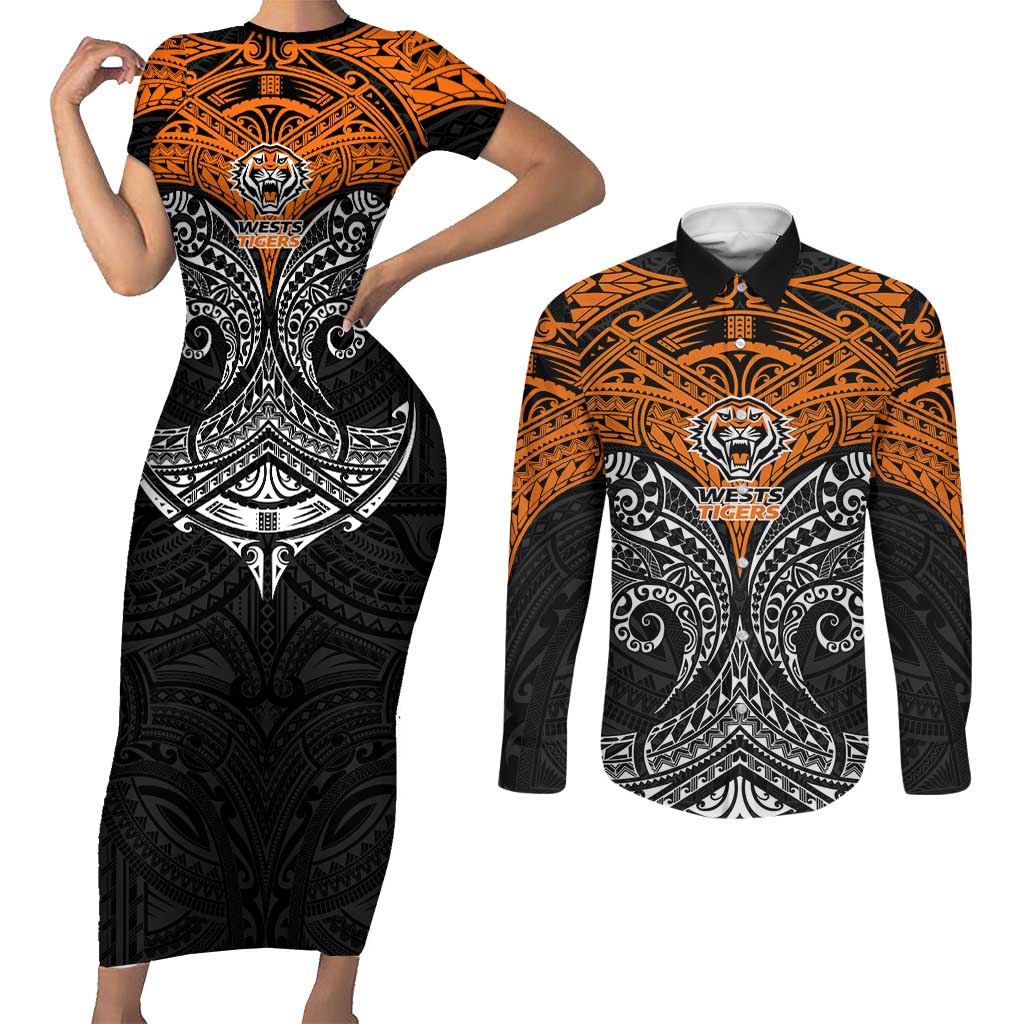 Personalized Wests Tigers Couples Matching Short Sleeve Bodycon Dress and Long Sleeve Button Shirt Polynesian Tribal Pattern Style