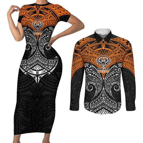 Personalized Wests Tigers Couples Matching Short Sleeve Bodycon Dress and Long Sleeve Button Shirt Polynesian Tribal Pattern Style