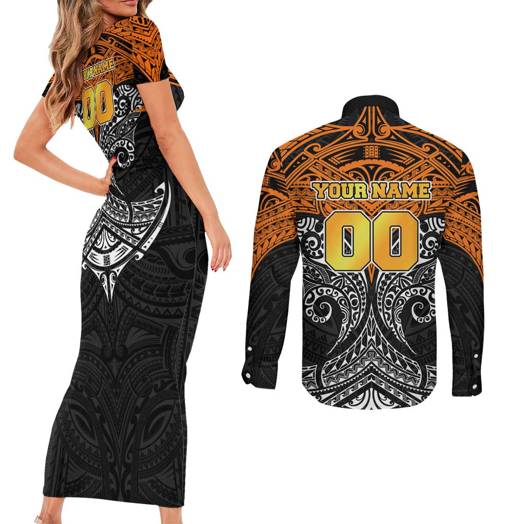 Personalized Wests Tigers Couples Matching Short Sleeve Bodycon Dress and Long Sleeve Button Shirt Polynesian Tribal Pattern Style