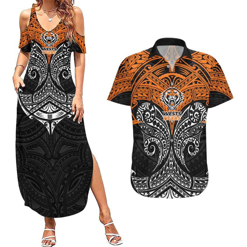 Personalized Wests Tigers Couples Matching Summer Maxi Dress and Hawaiian Shirt Polynesian Tribal Pattern Style