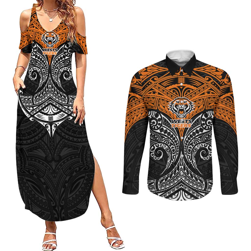 Personalized Wests Tigers Couples Matching Summer Maxi Dress and Long Sleeve Button Shirt Polynesian Tribal Pattern Style