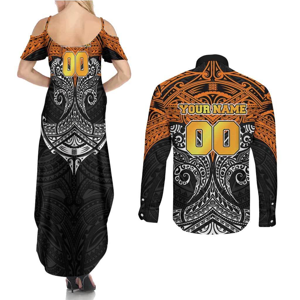 Personalized Wests Tigers Couples Matching Summer Maxi Dress and Long Sleeve Button Shirt Polynesian Tribal Pattern Style