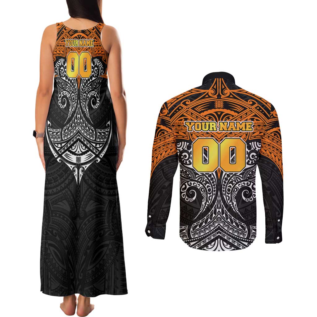 Personalized Wests Tigers Couples Matching Tank Maxi Dress and Long Sleeve Button Shirt Polynesian Tribal Pattern Style