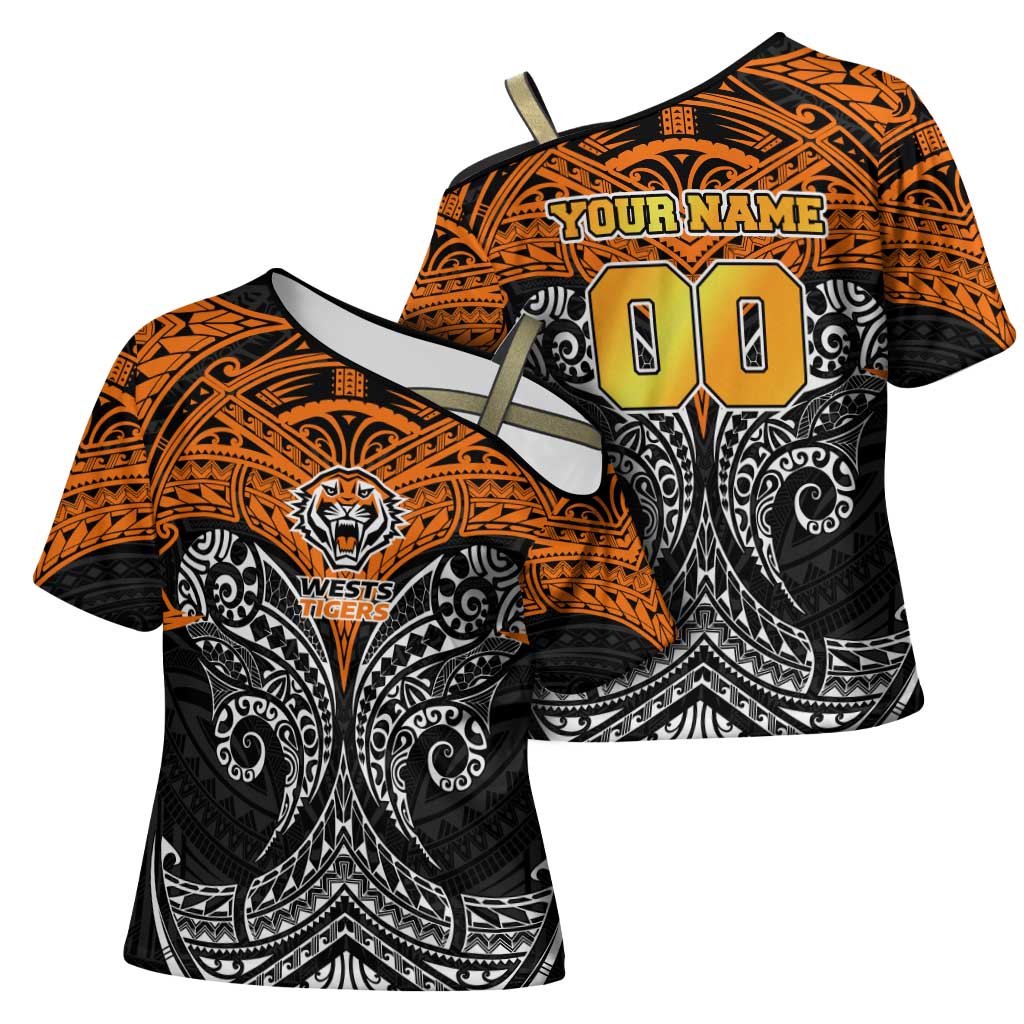 Personalized Wests Tigers Cross Shoulder Shirt Polynesian Tribal Pattern Style