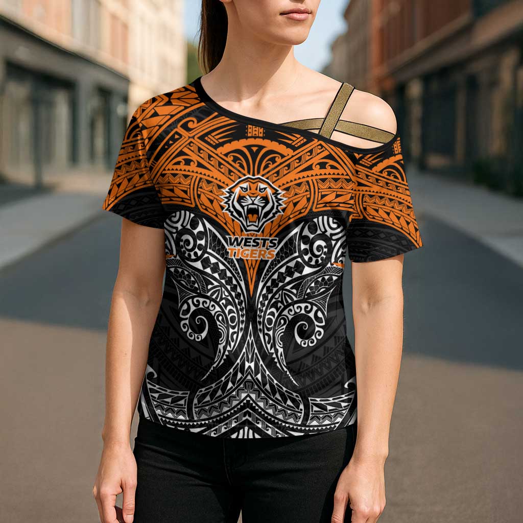 Personalized Wests Tigers Cross Shoulder Shirt Polynesian Tribal Pattern Style