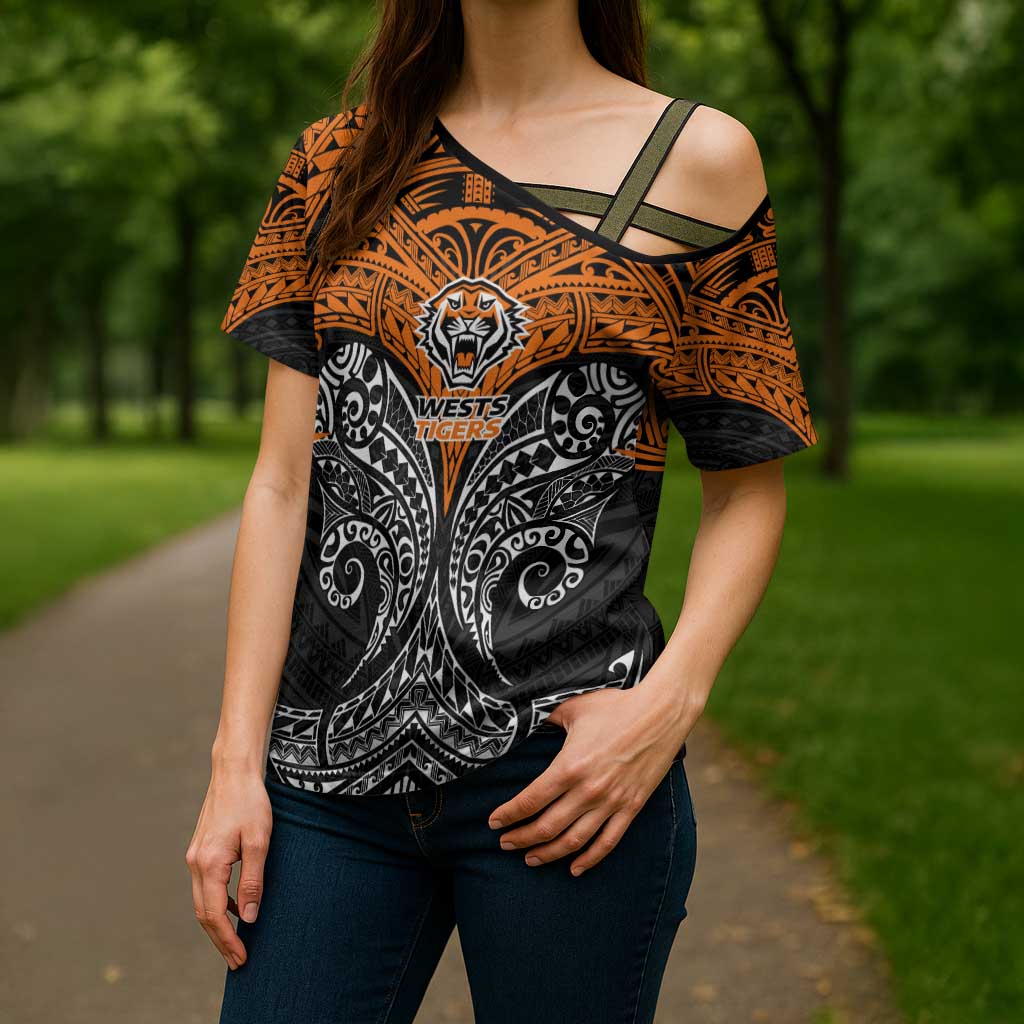 Personalized Wests Tigers Cross Shoulder Shirt Polynesian Tribal Pattern Style