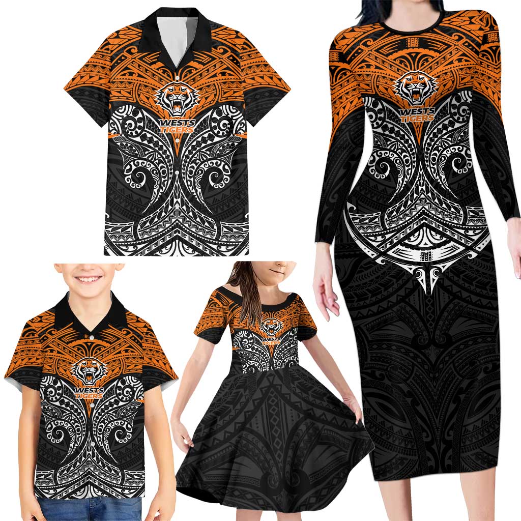 Personalized Wests Tigers Family Matching Long Sleeve Bodycon Dress and Hawaiian Shirt Polynesian Tribal Pattern Style