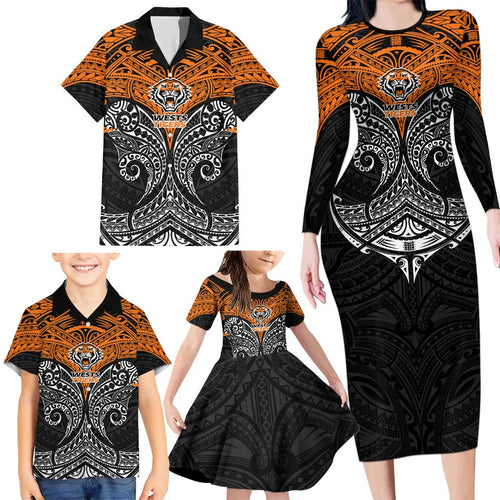 Personalized Wests Tigers Family Matching Long Sleeve Bodycon Dress and Hawaiian Shirt Polynesian Tribal Pattern Style