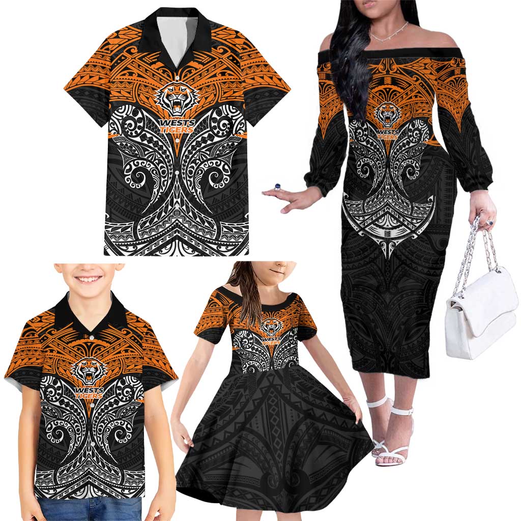 Personalized Wests Tigers Family Matching Off The Shoulder Long Sleeve Dress and Hawaiian Shirt Polynesian Tribal Pattern Style