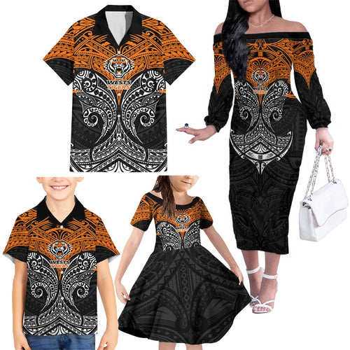 Personalized Wests Tigers Family Matching Off The Shoulder Long Sleeve Dress and Hawaiian Shirt Polynesian Tribal Pattern Style