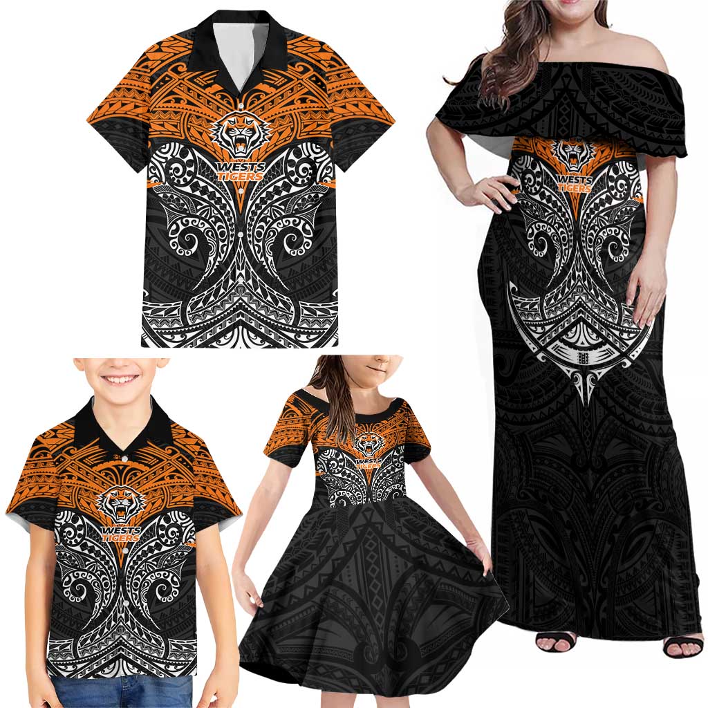 Personalized Wests Tigers Family Matching Off Shoulder Maxi Dress and Hawaiian Shirt Polynesian Tribal Pattern Style