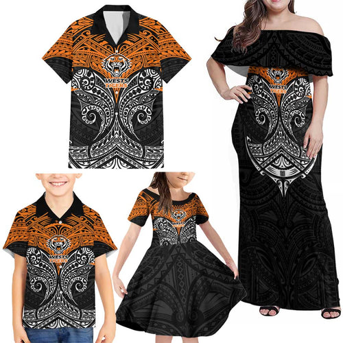 Personalized Wests Tigers Family Matching Off Shoulder Maxi Dress and Hawaiian Shirt Polynesian Tribal Pattern Style
