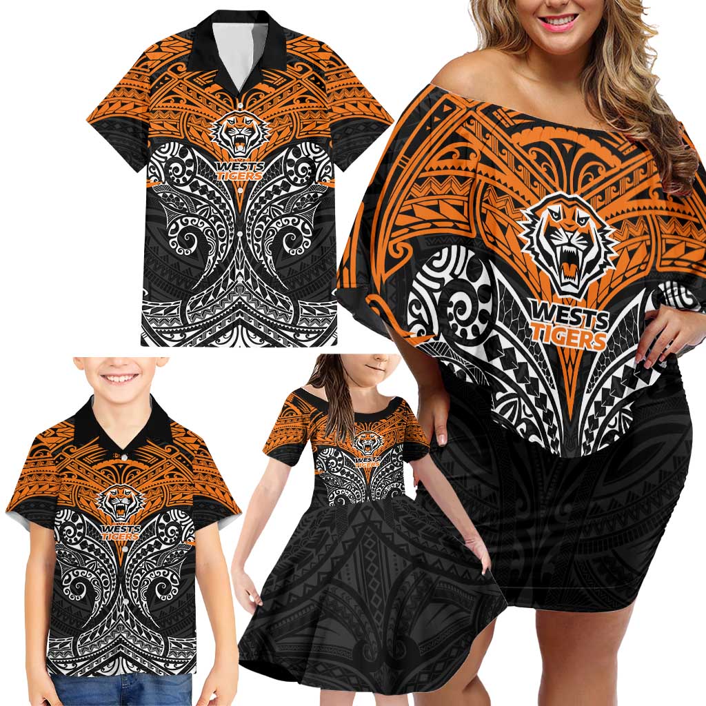 Personalized Wests Tigers Family Matching Off Shoulder Short Dress and Hawaiian Shirt Polynesian Tribal Pattern Style