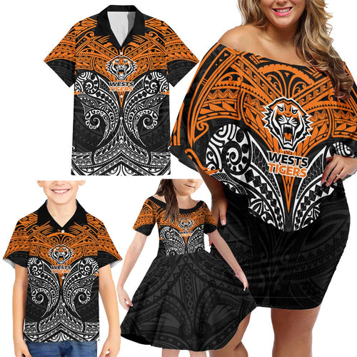 Personalized Wests Tigers Family Matching Off Shoulder Short Dress and Hawaiian Shirt Polynesian Tribal Pattern Style