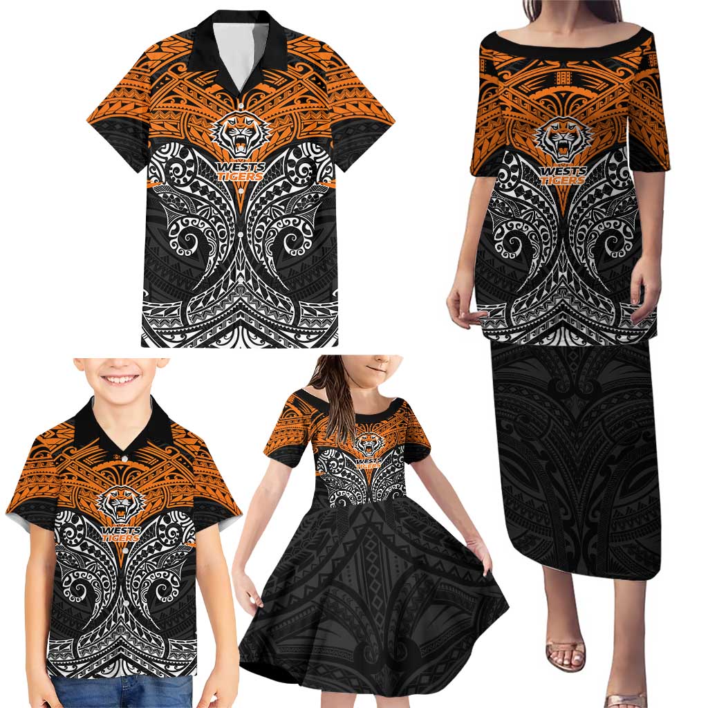 Personalized Wests Tigers Family Matching Puletasi and Hawaiian Shirt Polynesian Tribal Pattern Style