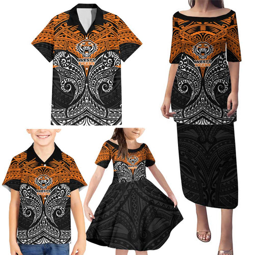Personalized Wests Tigers Family Matching Puletasi and Hawaiian Shirt Polynesian Tribal Pattern Style